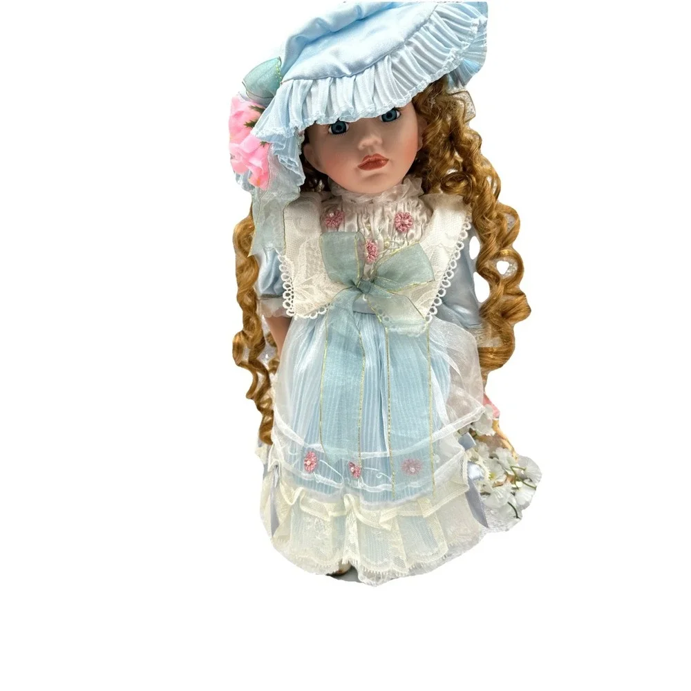 Cathay Collection Porcelain‎ Doll Blue Dress Curly Hair With Box Collectible